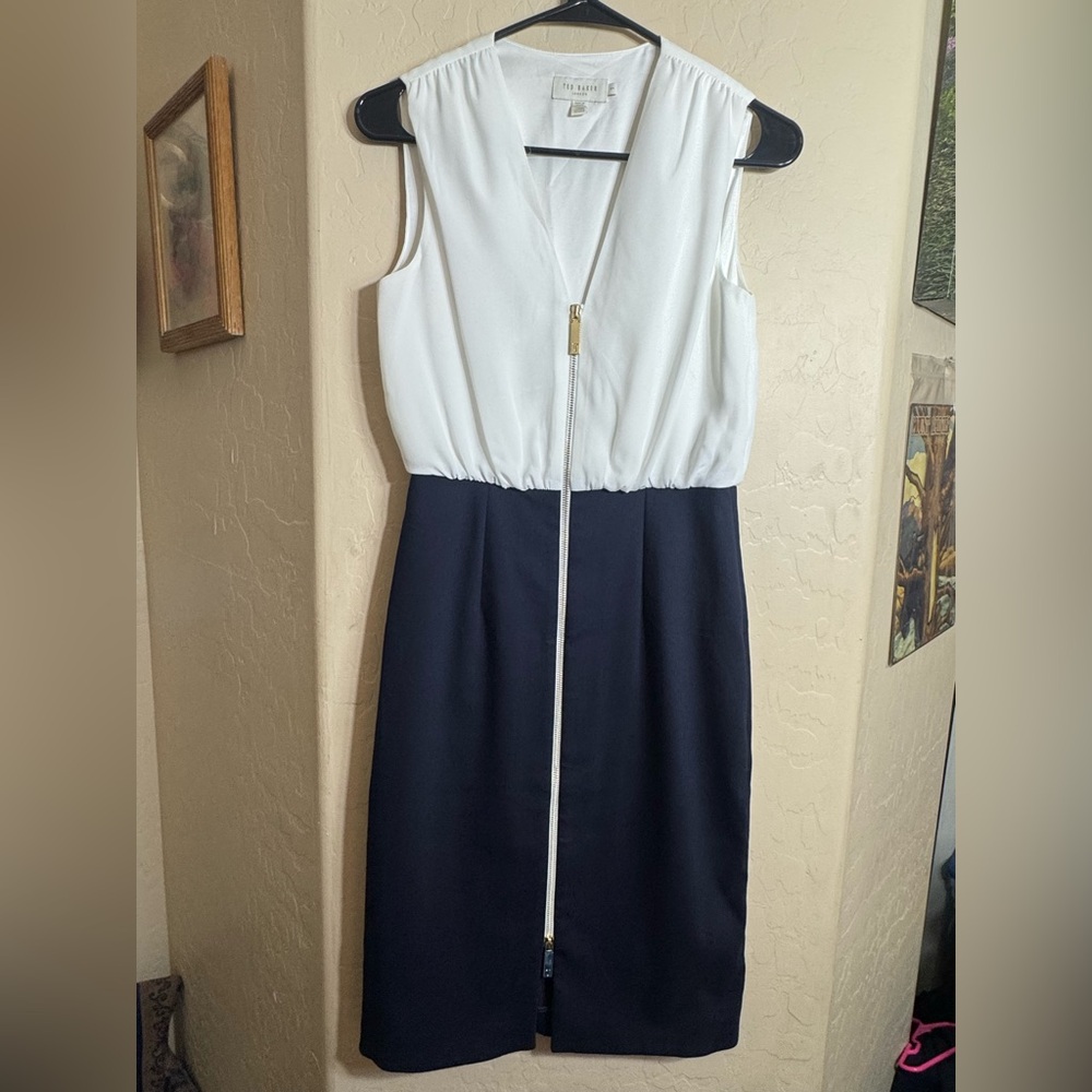 Ted Baker London Black White Zip Front Midi Dress Colorblock Fitted US 2